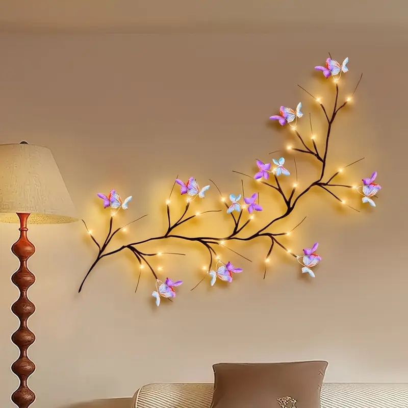 Lâmpada de Rattan em Forma de LED Flexível Borboleta Flor Folhas Decoração Interna Arranjo de Parede Luz de Atmosfera Ro
