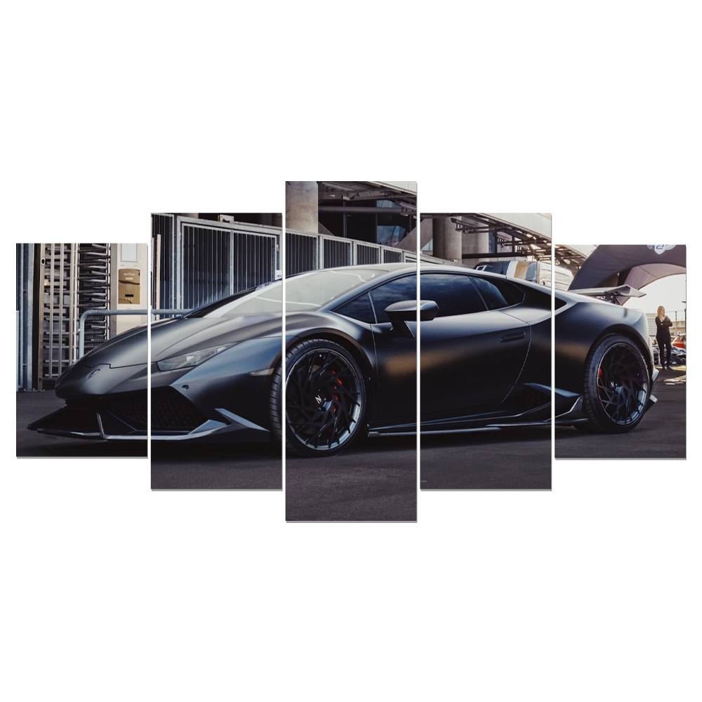 Quadro Decorativo Mosaico 5 Peças Lamborghini Preta Carro Potente Sala Quarto Hall Esportivo Luxo
