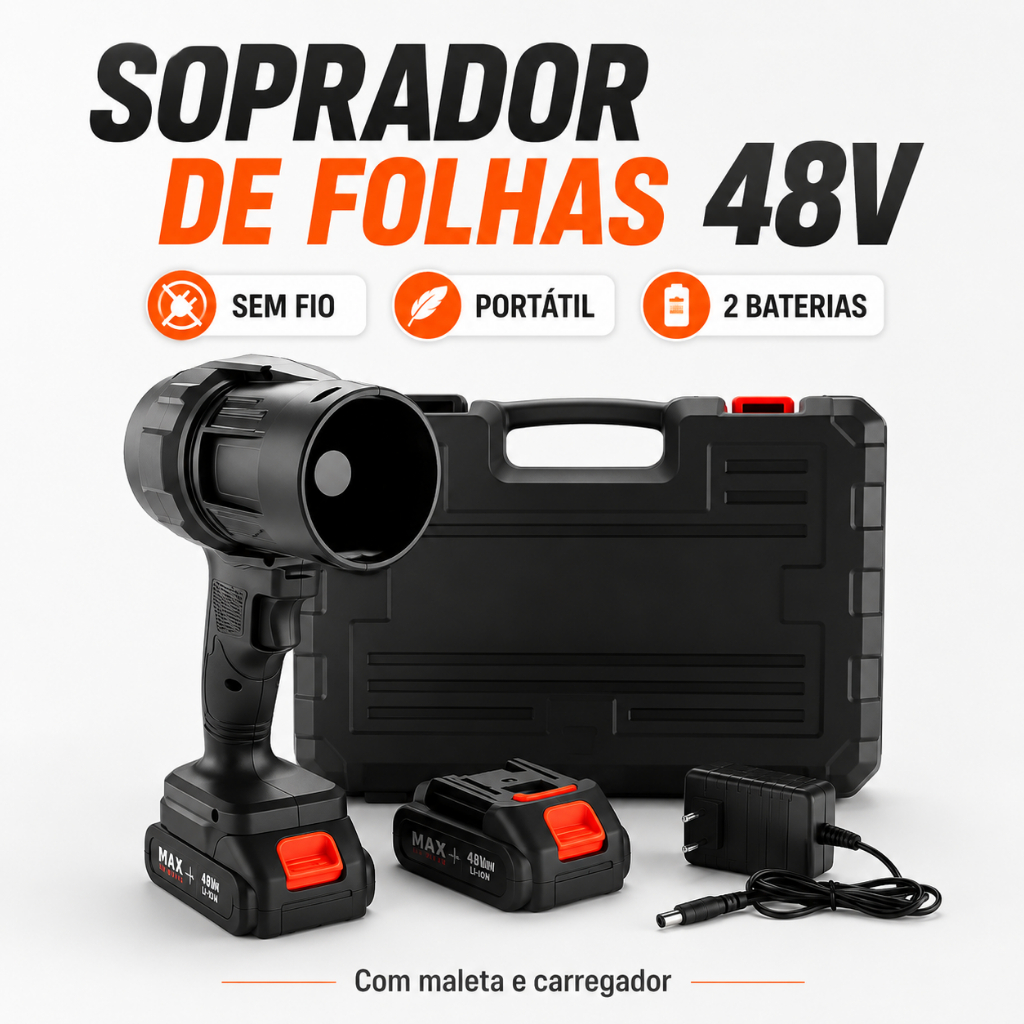 Soprador de Folhas Elétrico 48V Sem Fio Portátil Potente com 2 Baterias Maleta para Jardim Carro e Limpeza