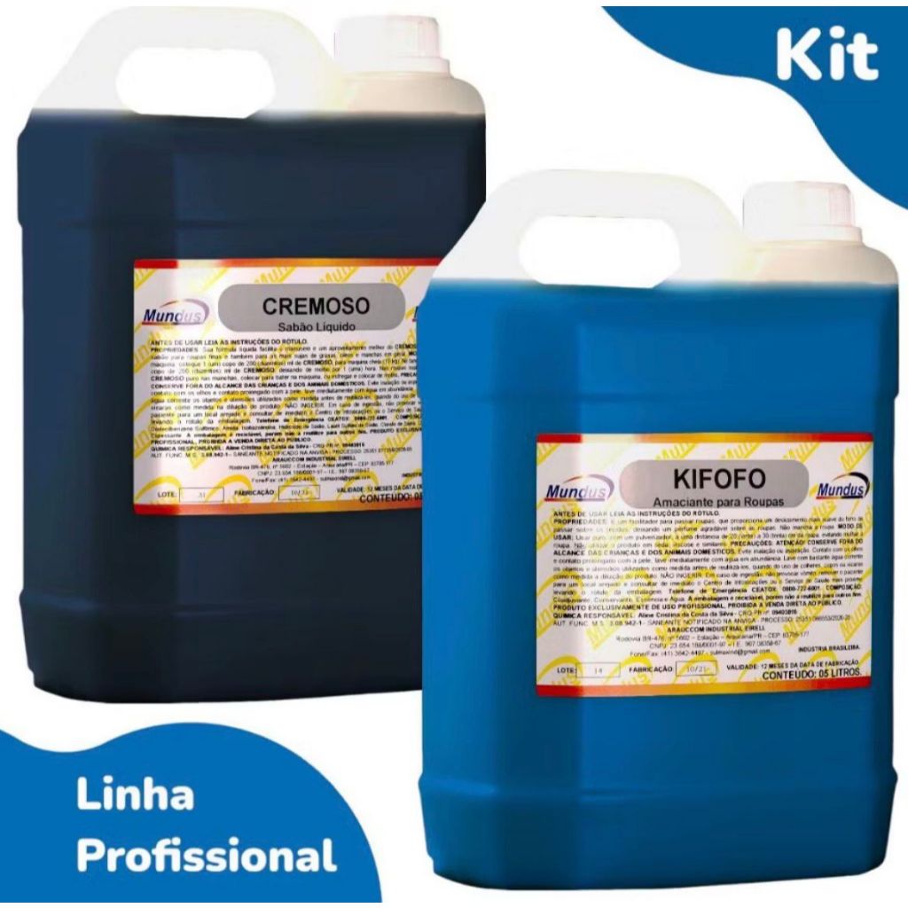 Kit Sabão Líquido Cremoso e Amaciante Grosso Concentrado Mundus 10 Litros Limpeza de Dentro para Fora Não Mancha Roupas