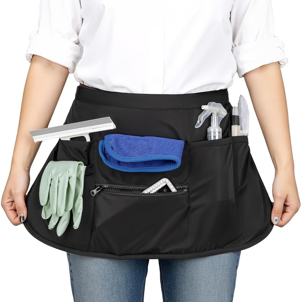 6-Pocket Cleaning Apron with Buckle, Splash-Proof Cleaning Caddy Apron, Adjustable Waist Belt with Zipper, Soft Heavy Sa