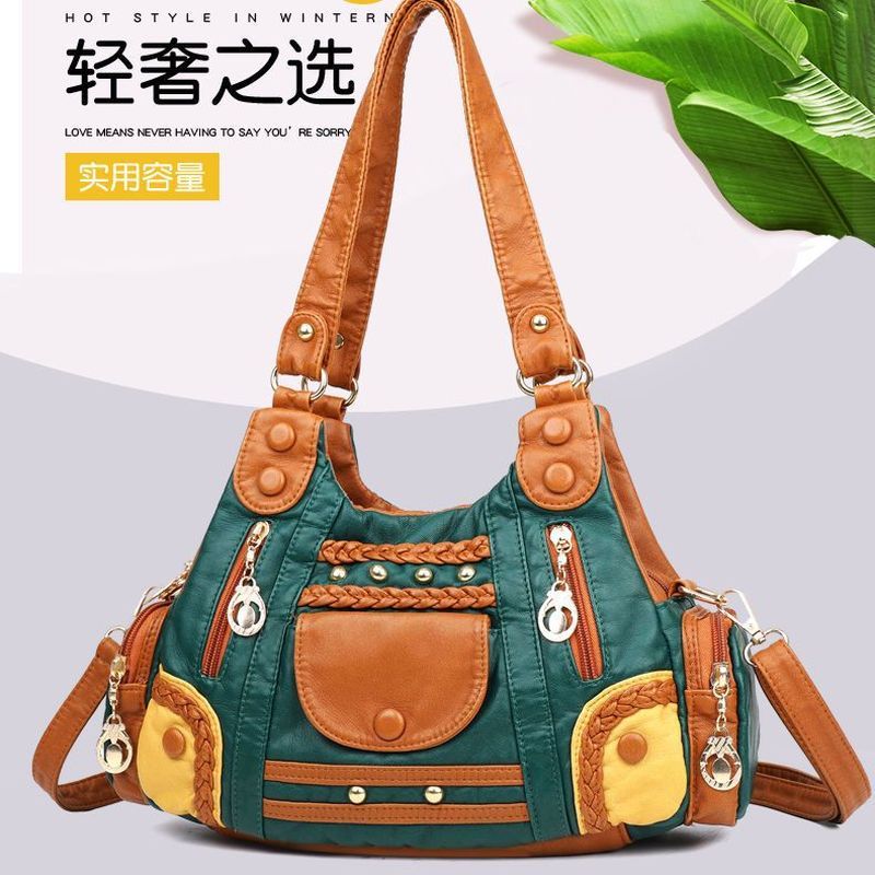 Genuine leather bag for women, fashionable and versatile, soft leather shoulder and crossbody bag, large vintage casual