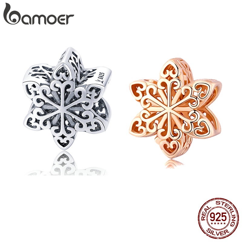 BAMOER Genuine 925 Sterling Silver Elegant Snowflake Openwork Beads fit Women Charm Bracelets & Necklace DIY Jewelry SCC719