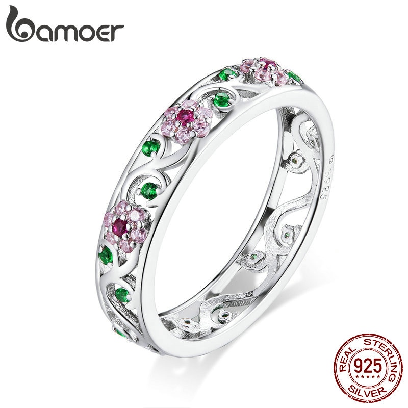 Bamoer Genuine 925 Sterling Silver Secret Garden Finger Rings for Women Wedding Band Engagement Statement Jewelry Anel BSR132