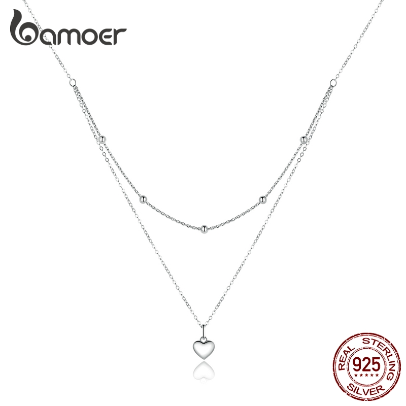 BAMOER Genuine 925 Sterling Silver Double Layers Heart Pendant Adjustable Chain Necklace for Women
