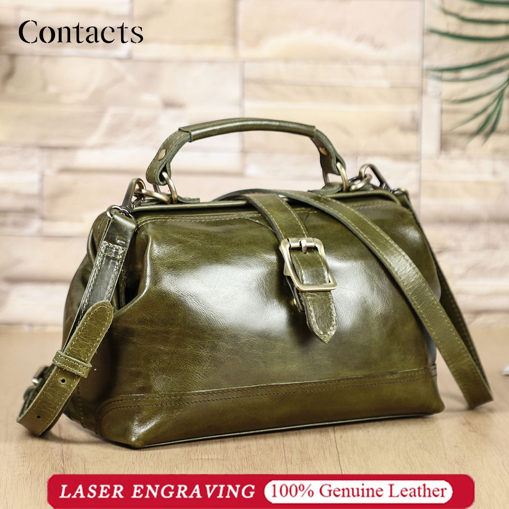 CONTACTS Genuine Leather Full Grain Feminino Estilo Médico Satchel Bolsa Crossbody De Ombro Moda Elegante Viagem