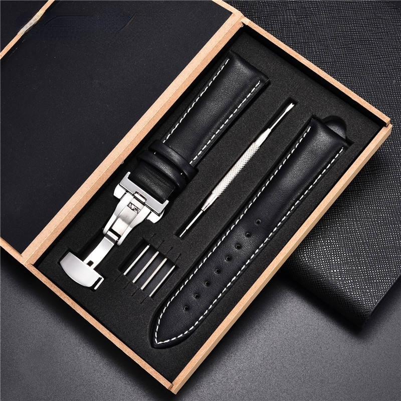 Genuine Leather Watchband 18 20 22 24mm with Automatic Butterfly Buckle Watch Accessories Women Men Business Watch Strap
