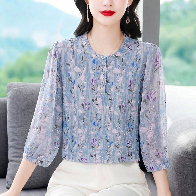 Genuine Ice Silk Printed Shirt Women's Three-Quarter Sleeve New Fashionable Stylish Loose Mom Belly-Covering Coat jf1E