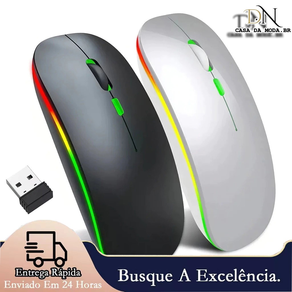 Mouse Bluetooth sem fio recarregável ultrafino LED Light RGB Silent Click 2.4 G para laptop
