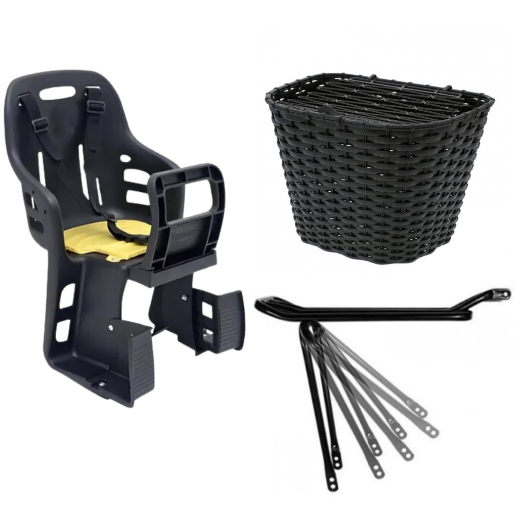 Kit Cadeirinha Infantil Traseira Bicicleta Bike + Bagageiro Garupa Suporte Articulado + Cesta C Tampa Grande Nylon Preta