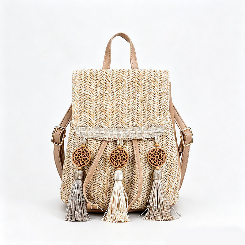 Cross-Border palha pequeno pingente mochila europeu americano pequena mochila Multi-Purpose tecido saco de praia borla s