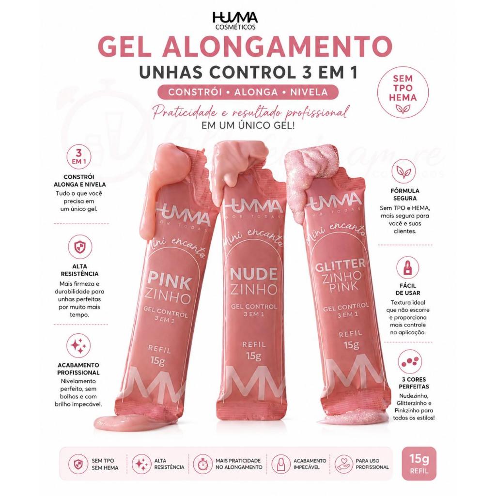 Gel Alongamento Unhas Control 3 em 1 Refil 15g Mini Encanto Humma - SEM TPO & HEMA