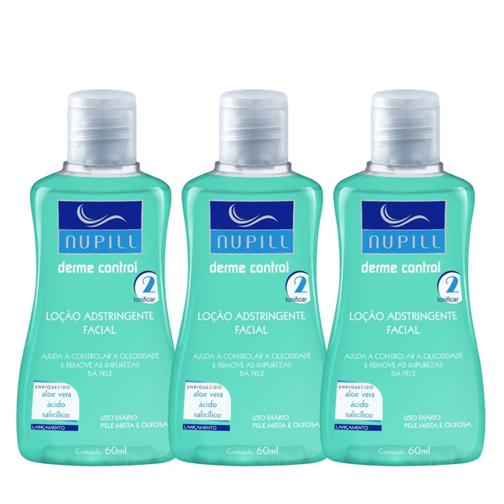 Kit 3 Mini Loção Adstringente Facial Nupill Aloe Vera Derme Control 60ml