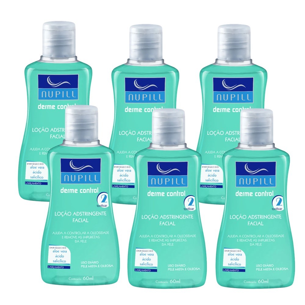 Kit 6 Mini Loção Adstringente Facial Nupill Aloe Vera Derme Control 60ml