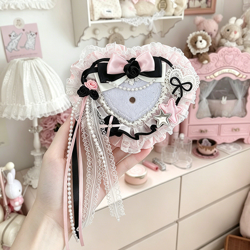 Novo estilo em forma de coração rosa borla titular do cartão diy artesanal embalagem de dor jóias Gumei Photocard ID pro