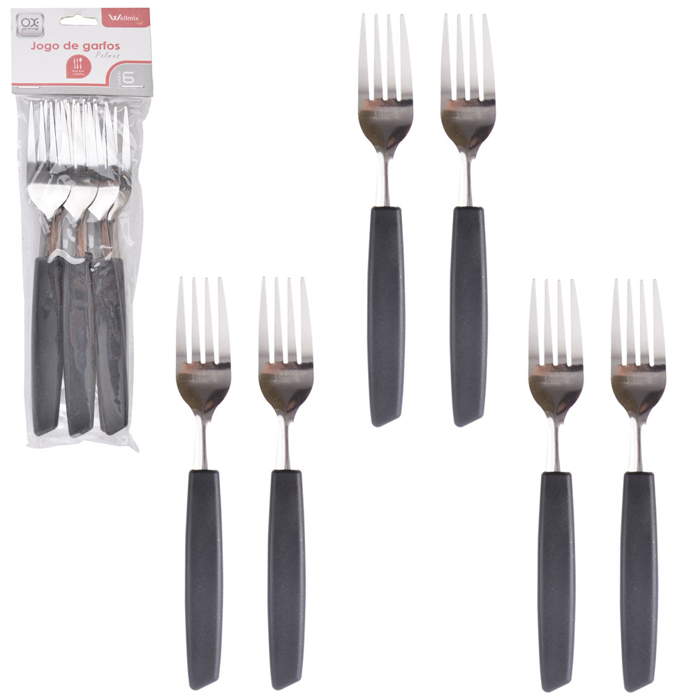 Kit 6 Garfos De Mesa Em Inox Com Cabo De Plástico Palmas Preto Wellmix