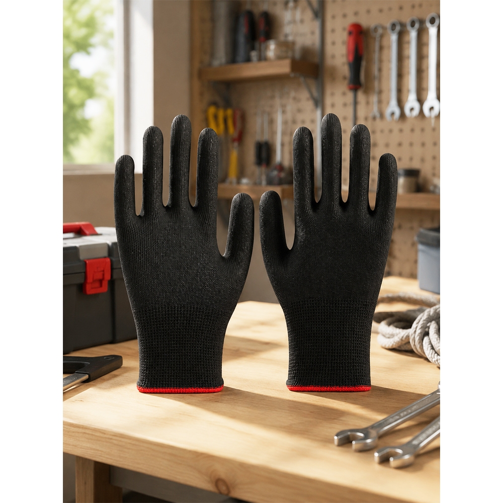 12 Pares De Nylon Antiestático Preto PU Palma Revestida Luvas Protetoras Antiderrapantes Resistentes Ao Desgaste De Trab