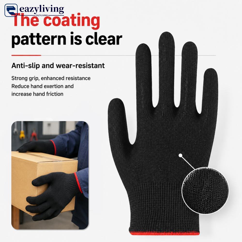 EAZYLIVING 12 Pares De Nylon Antiestático Preto PU Luvas De Proteção Revestidas De Palma Trabalho Respiráveis Antiderrap