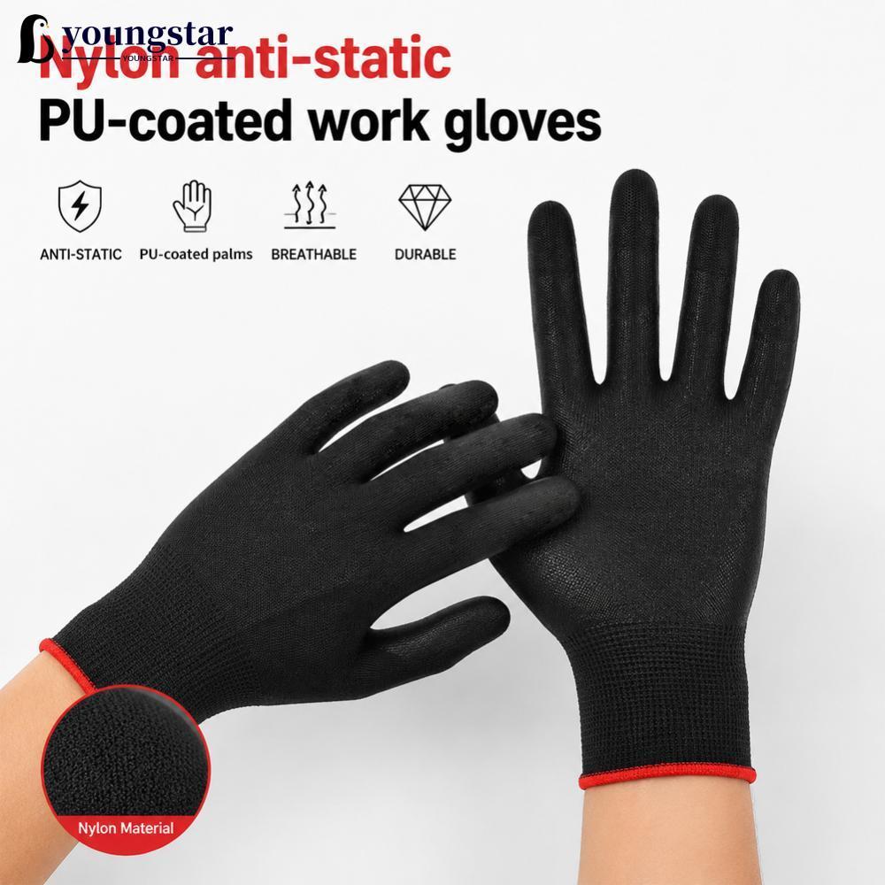 YOUNGSTAR 12 Pares De Nylon Antiestático Preto PU Luvas De Proteção Revestidas De Palma Trabalho Respiráveis Antiderrapa