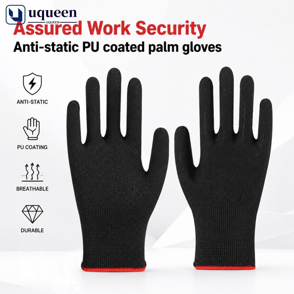 UQUEEN 12 Pares De Nylon Antiestático Preto PU Luvas De Proteção Revestidas De Palma Trabalho Respiráveis Antiderrapante