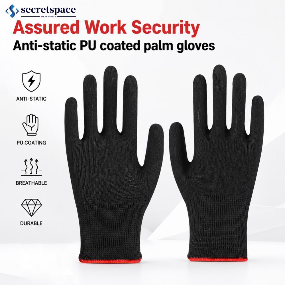 SECRETSPACE 12 Pares De Nylon Antiestático Preto PU Luvas De Proteção Revestidas De Palma Trabalho Respiráveis Antiderra