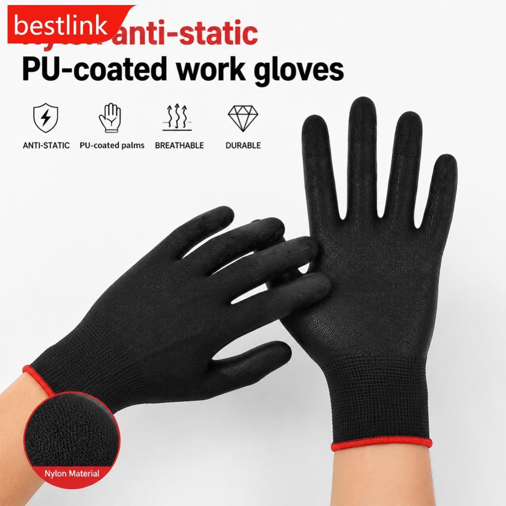 BESTLINK 12 Pares De Nylon Antiestático Preto PU Luvas De Proteção Revestidas De Palma Trabalho Respiráveis Antiderrapan