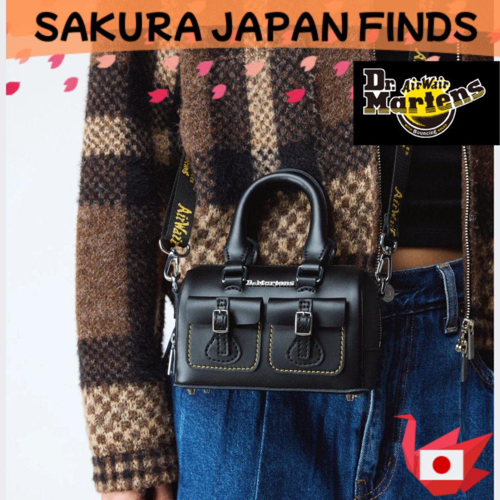 Dr. Martens Mini Top Handle Bag Preta 2-Way Bolsa de Ombro Transversal Original Japão Couro PU Estilosa Durável