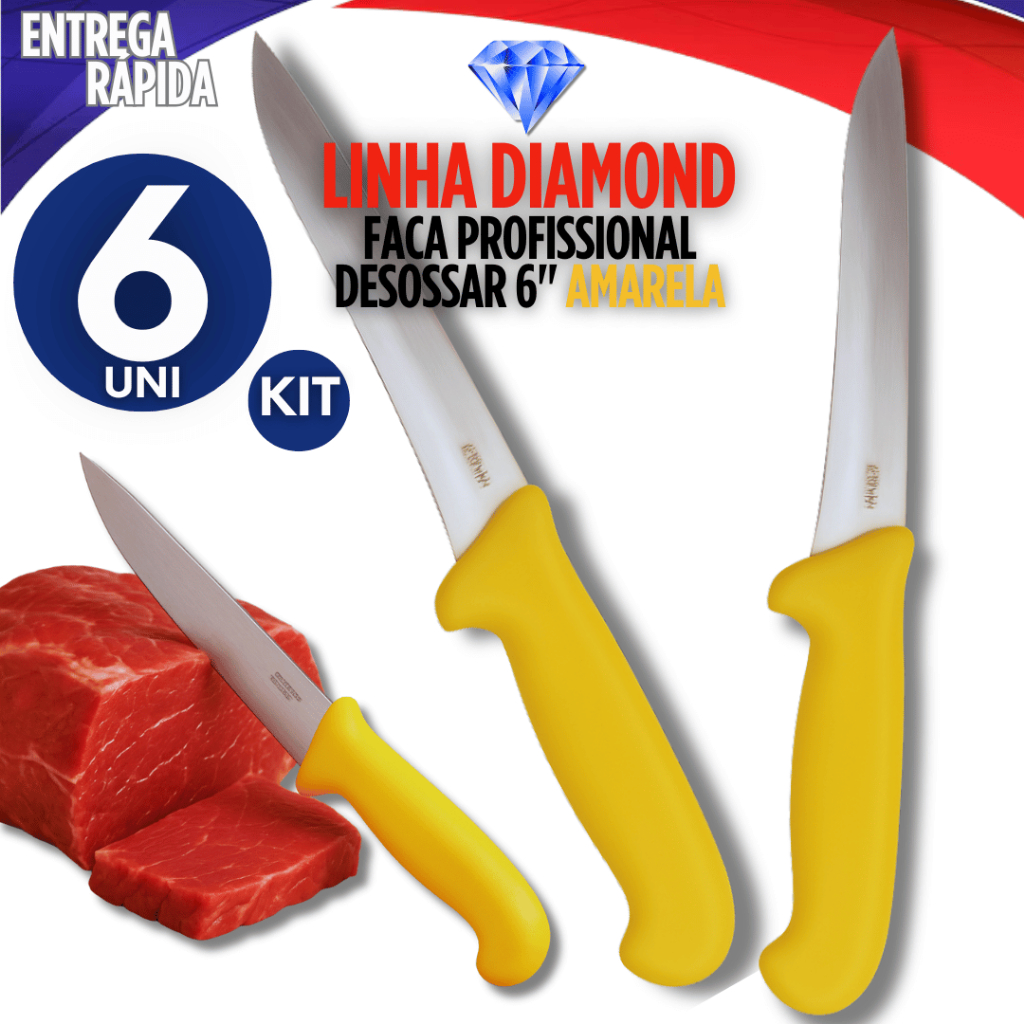 Jogo 6 Faca Desossar  6 Polegadas Inox Cozinha Açougue Cabo Amarelo Profissional Corneta Premium