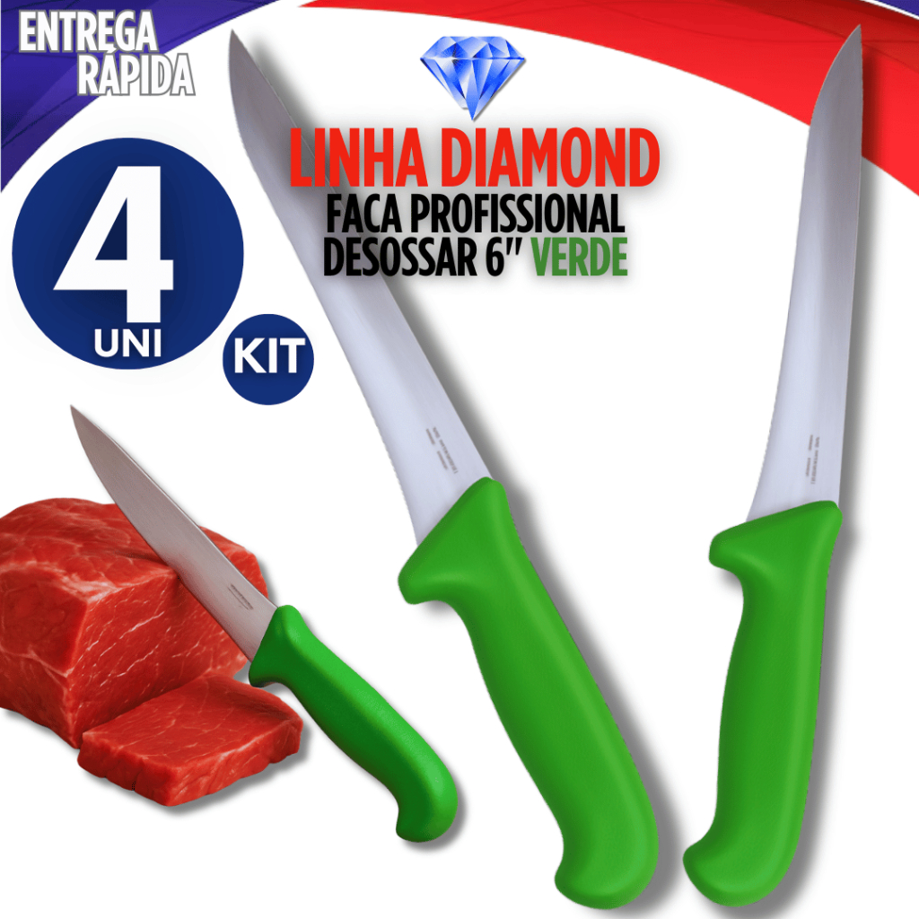 Kit 4 Faca Desossar Carne Cozinha Açougue 6 Polegadas Inox Cabo Verde Corneta Premium