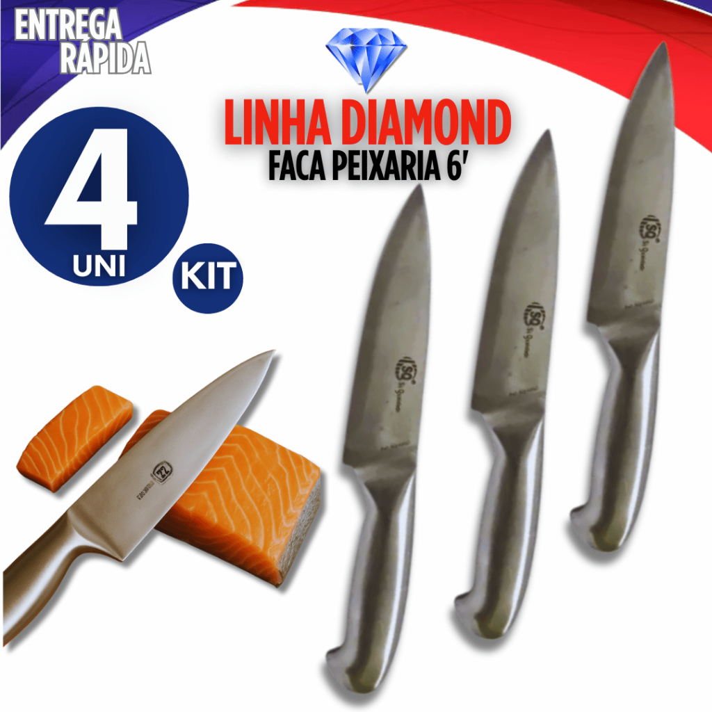 Combo 4 Faca Peixeira em Inox Linha Texas 6' Polegadas Cabo Inox Cortar Premium Carnes Verduras Legumes para Cozinha