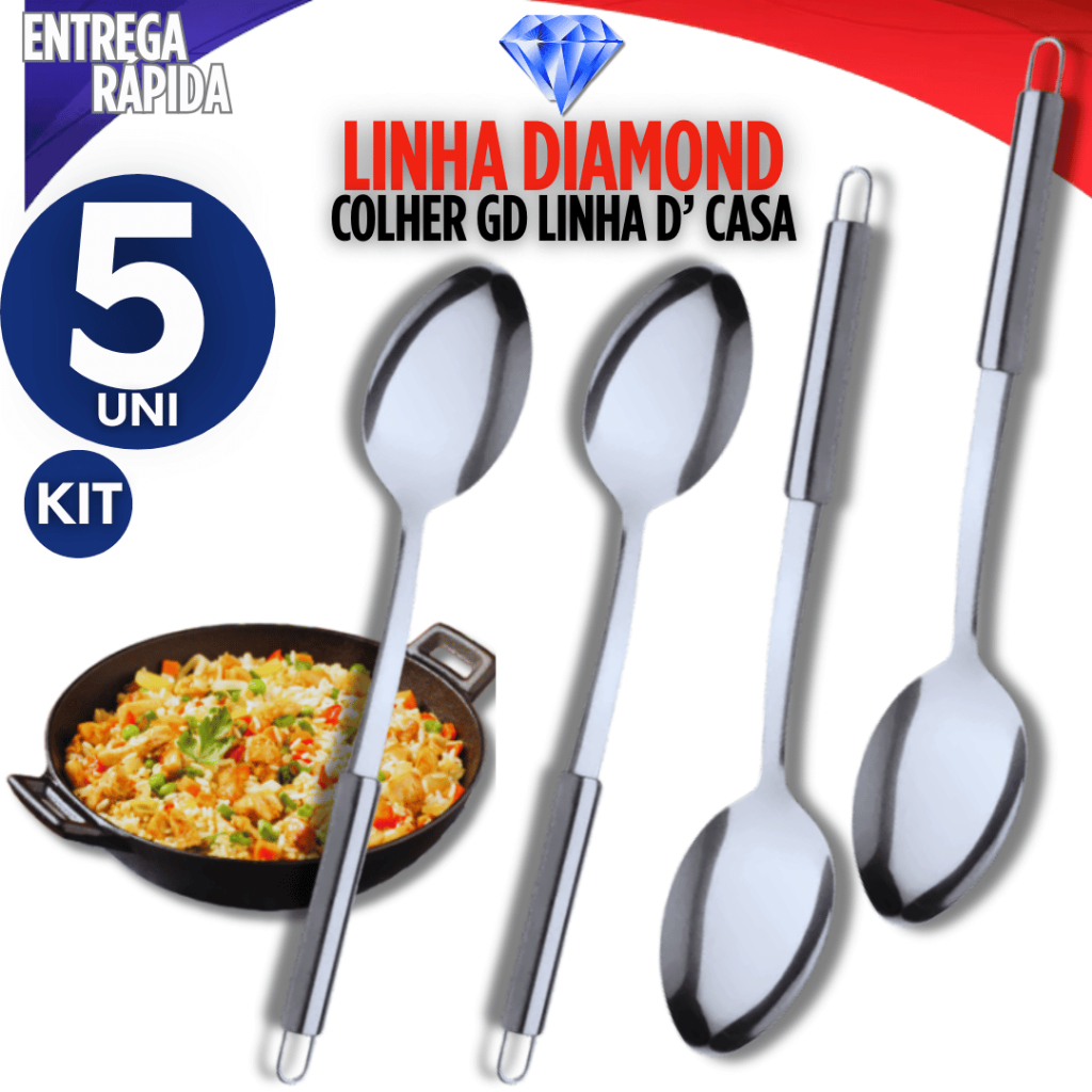 Jogo 5 Colher De  servir Arroz Grande Cabo Longo 100 % Aço Inox 32cm Casa Restaurante Buffet PREMIUM Qualidade Garantida