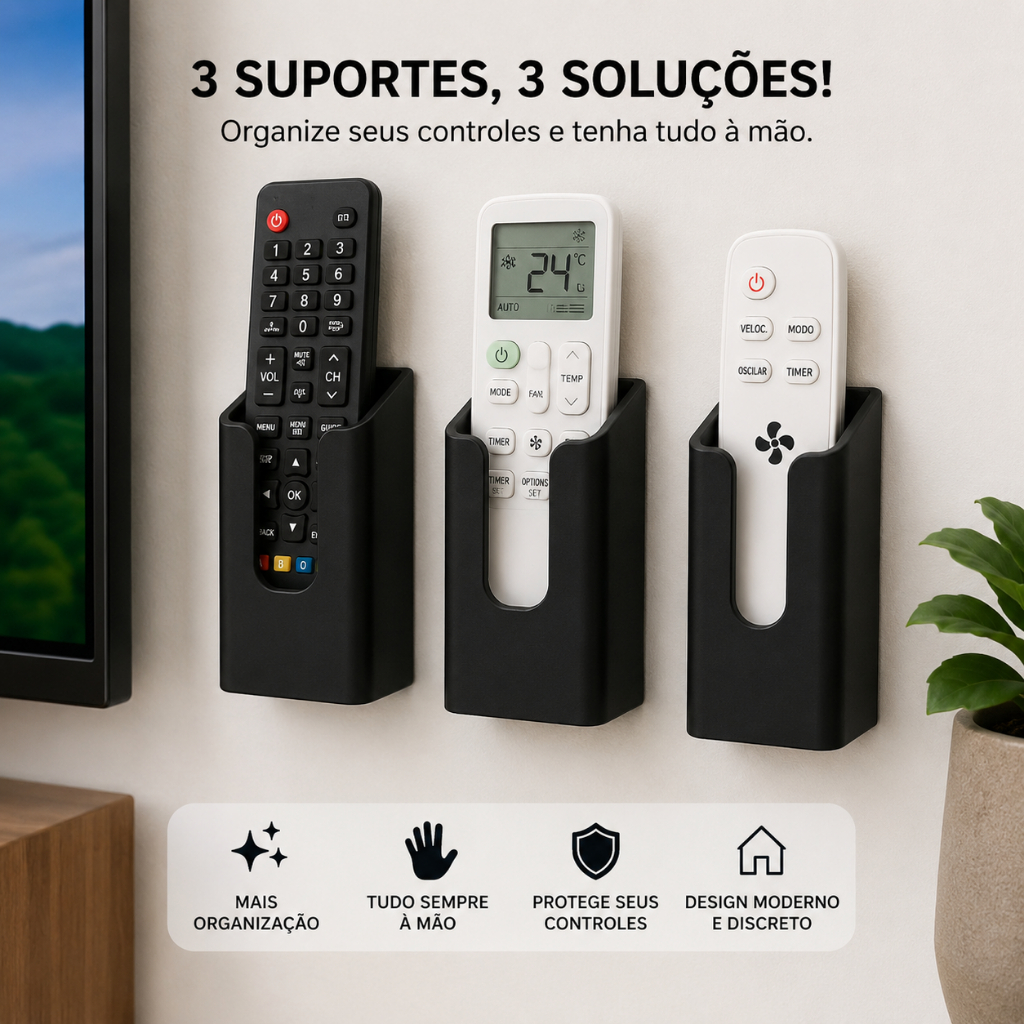 Kit 3 Suportes Porta Controle Remoto de Parede Universal TV Ar Condicionado Ventilador com Fita Dupla Face
