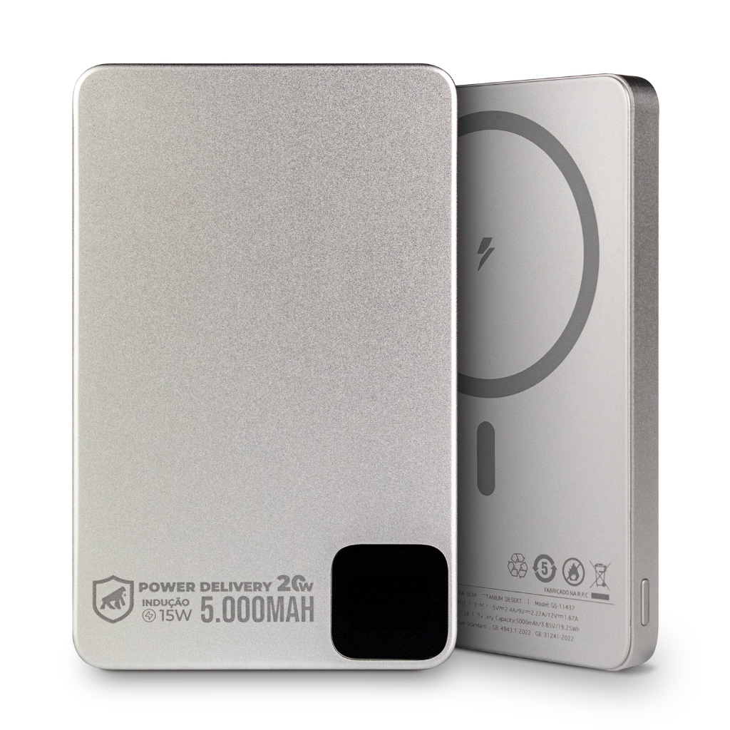 Carregador Portátil Titanium MagSafe 5.000 - 10.000mAh Wireless 15W Gshield USB-C Magnético LED