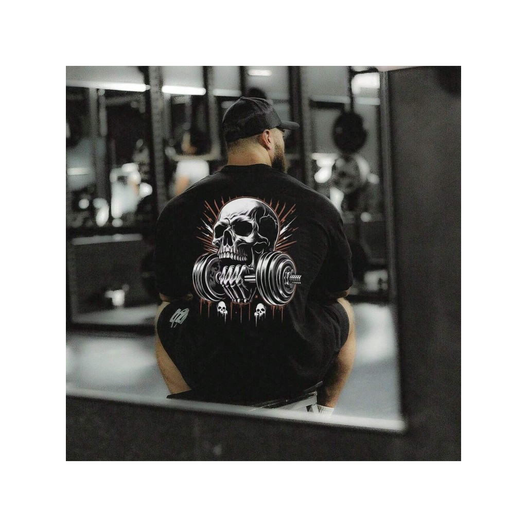 Camiseta Oversized Caveira Dumbbell  Academia Musculação