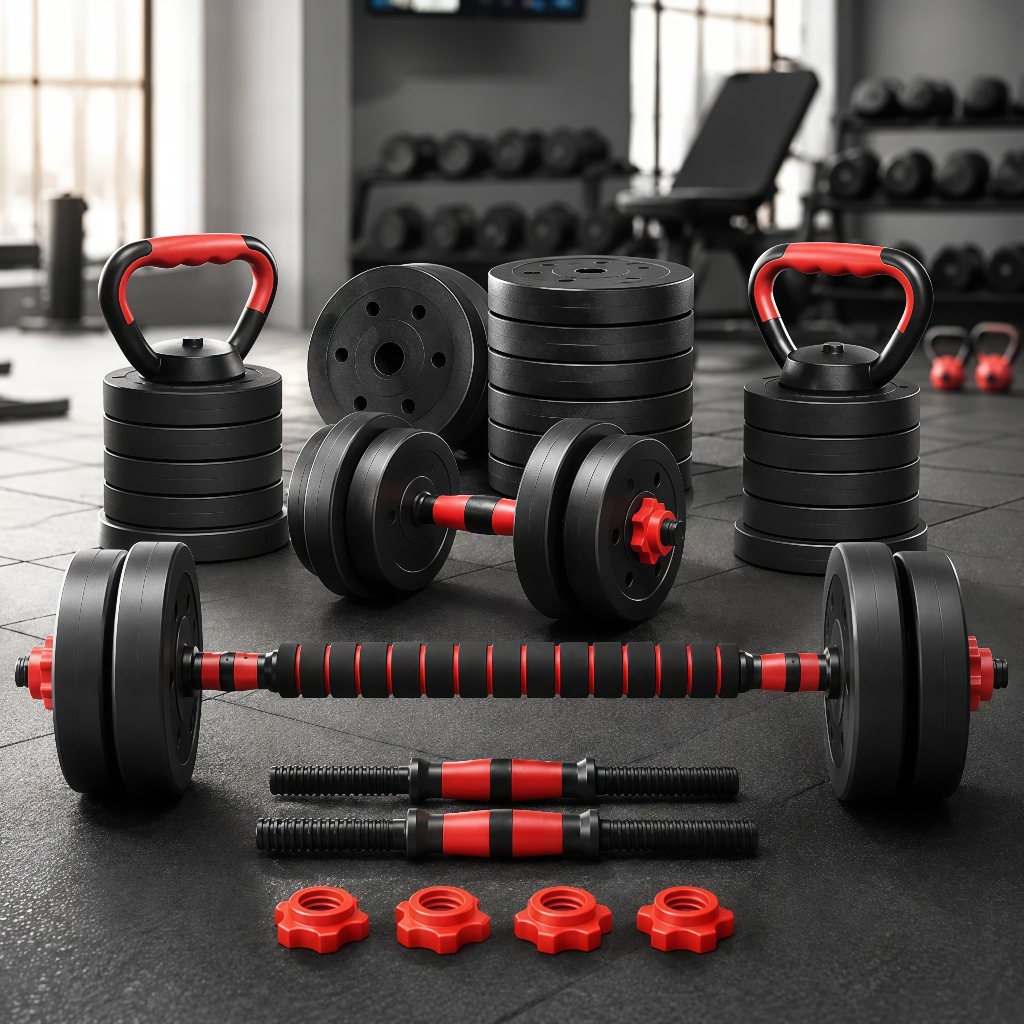 Kit Halteres Anilhas Barras Dumbbell Kettlebell 15kg Academia Musculação 6 em 1 Ajustável Treino Funcional Casa