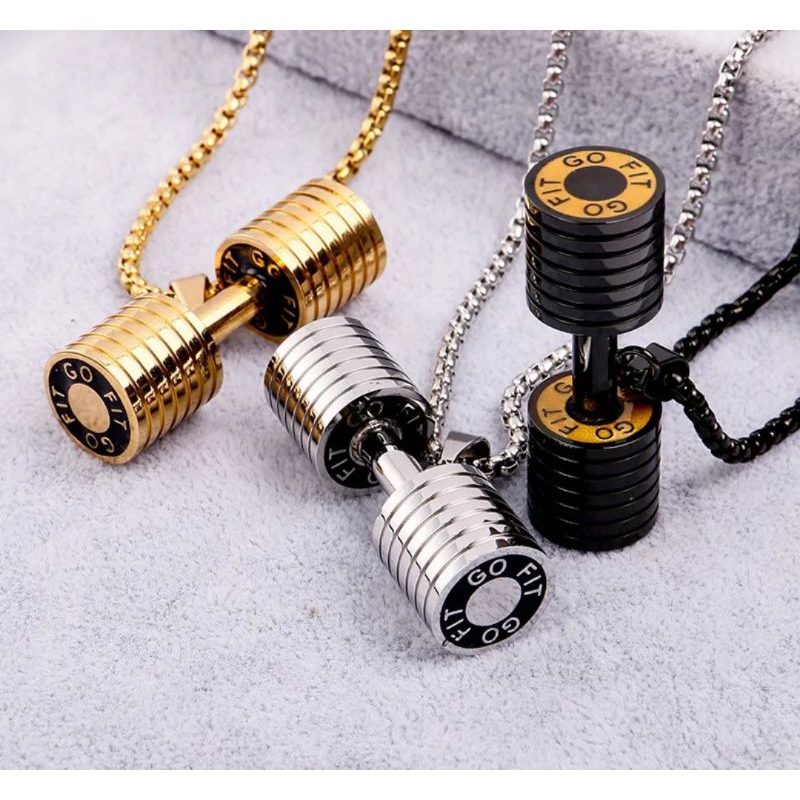 Cordão com Pingente em Aço Inox Barbell Dumbbell Fitness Academia