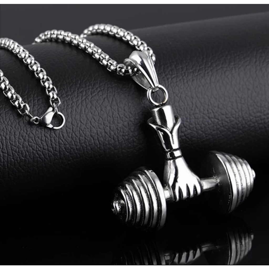 Corrente com Pingente Aço Inox Barra Dumbbell Fitness Acadêmia Atleta