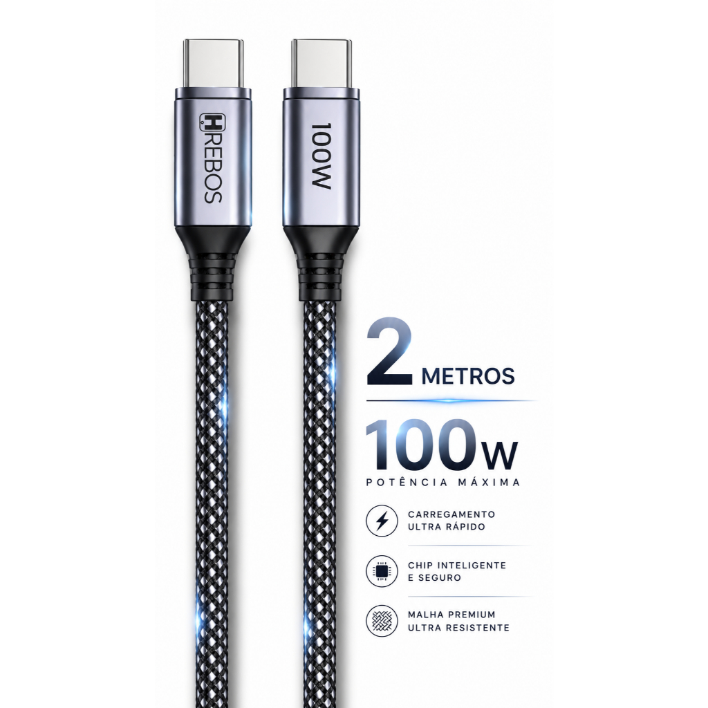 Cabo Tipo C Hrebos 100W 2 Metros Turbo Power Delivery Nylon Reforçado Ultra Rápido Para Notebook MacBook Celular