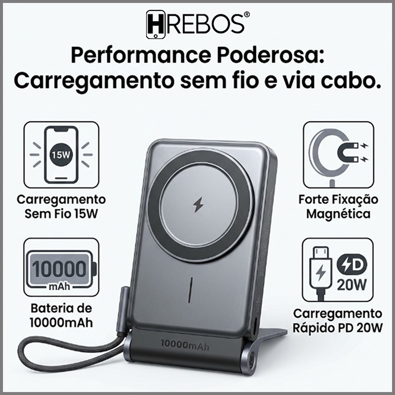 Hrebos  Power Bank Indução 10000mAh Magnético OrysVolt PB-930 com Suporte Dobrável e Carregamento Rápido Turbo PD 15W