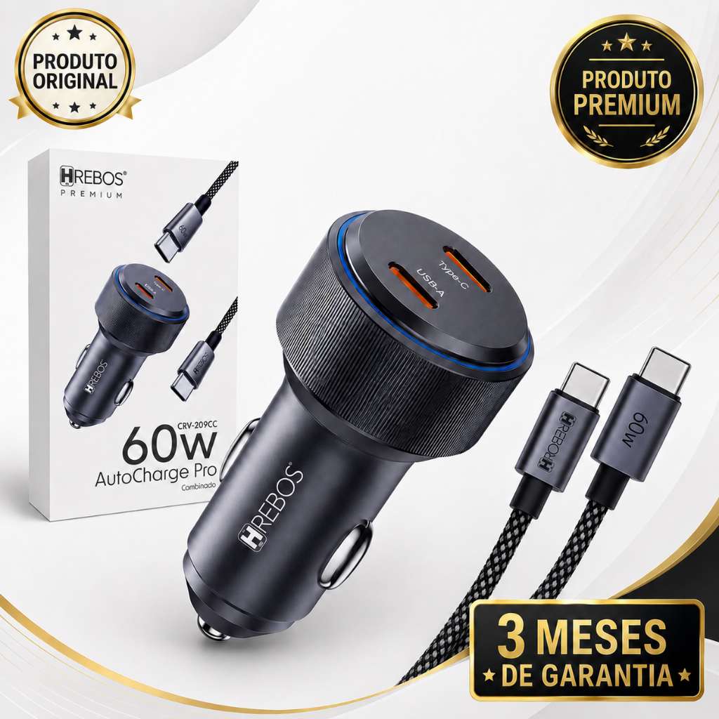 Carregador Veicular Hrebos Power Turbo 60W Tipo-C Dual Prateado + cabo incluso
