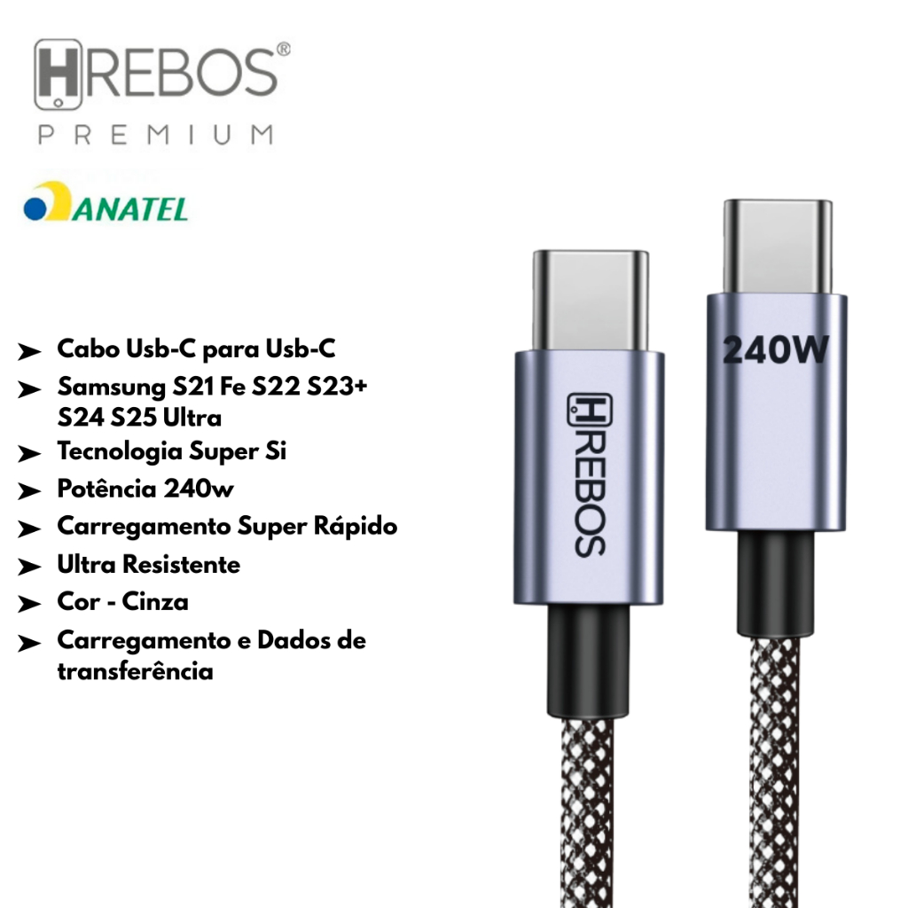 Cabo USB-C 240W Hrebos Ultra Turbo Power Delivery SuperCharge Notebook Celular