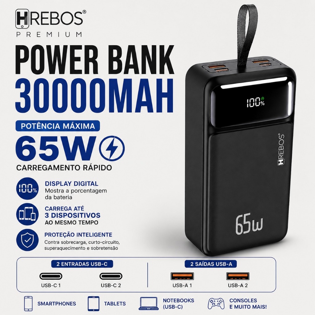 Power Bank HREBOS 30000mAh 65W Carregador Portátil Turbo 2 USB-C 2 USB-A Display Digital