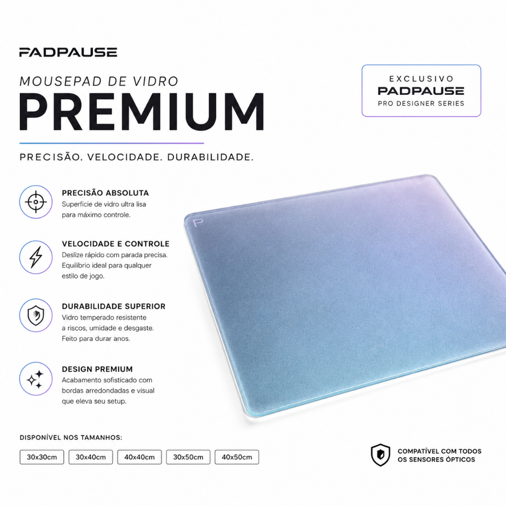 Mouse pad de vidro PAD PAUSE 2.0 SILK GLIDE profissional 30x30, 30x40, 30x50, 40x40 +Control PRO estilo SKYPAD