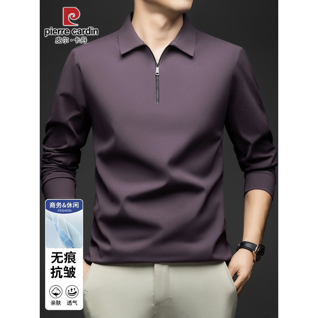 Pierre Cardan camiseta de manga comprida masculina lapela meio zíper estilo primavera outono meia-idade High-End escova