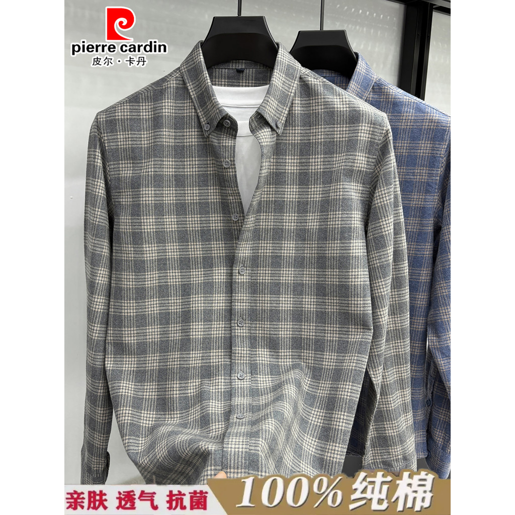 Pierre Cardan High-End puro algodão xadrez camisa masculina de manga comprida primavera outono novo estilo Casual escova