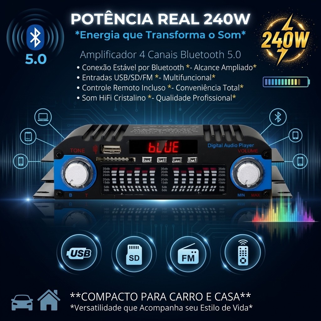 Mini Amplificador Som Bluetooth 5.0 De 4 Canais 240w HiFi 12v Usb Sd Fm Para Carro E Casa Com Controle