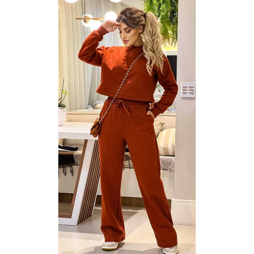 Conjunto Calça Gringa mais Blusa modelo Cropped Manga longa - Marrom/Preto/Rosa/Lilas/TERRA/OFF