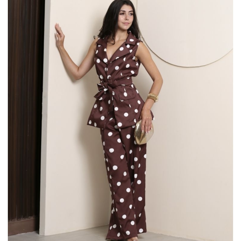 conjunto Max colete poá pantalona femenino alfaiataria Premium preto marrom off wite tendencia bolinhas estanpado