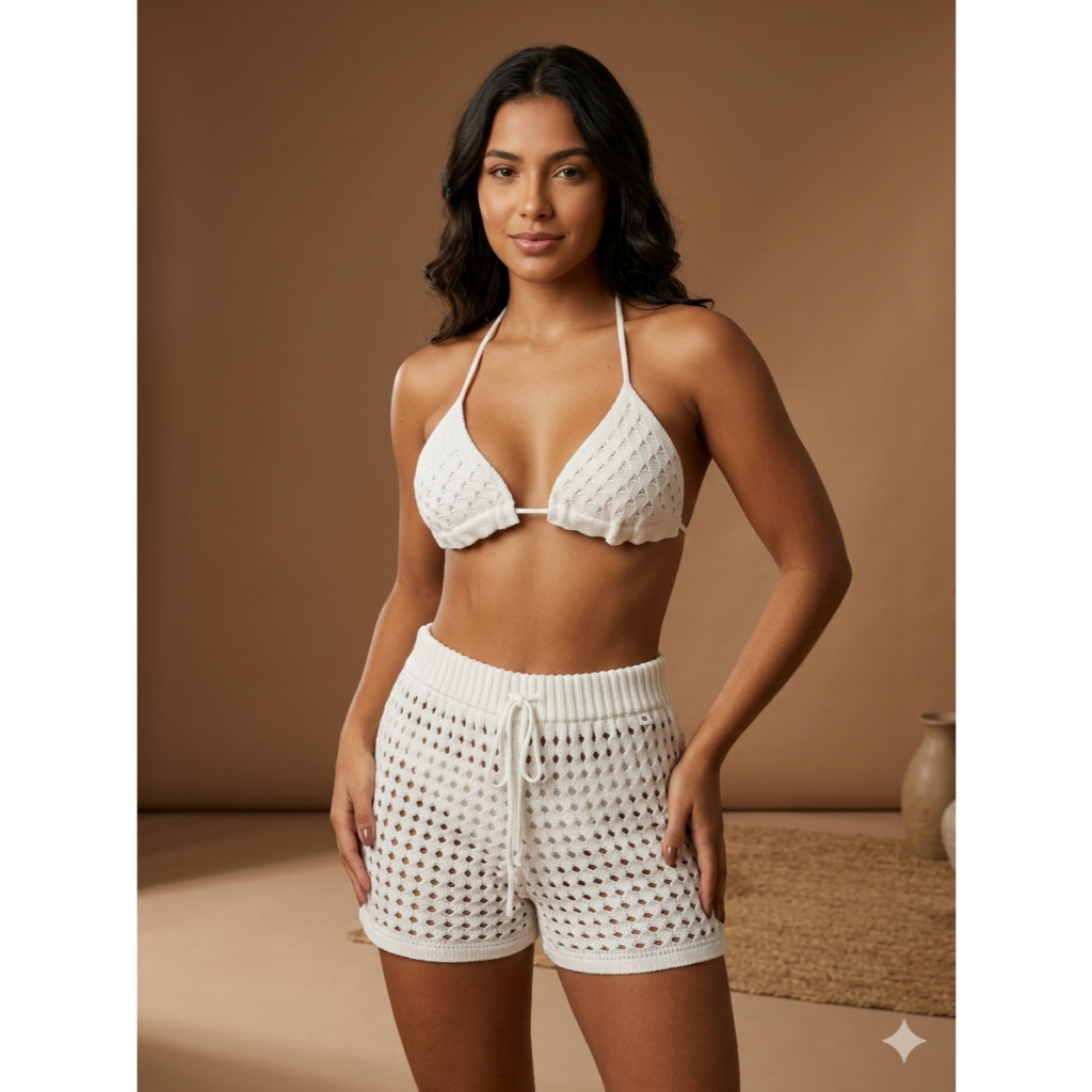 Conjunto Tricô Elegance Breeze Off White Premium - 2 Peças, Short de Tricor + Biquini forrado de Tricor