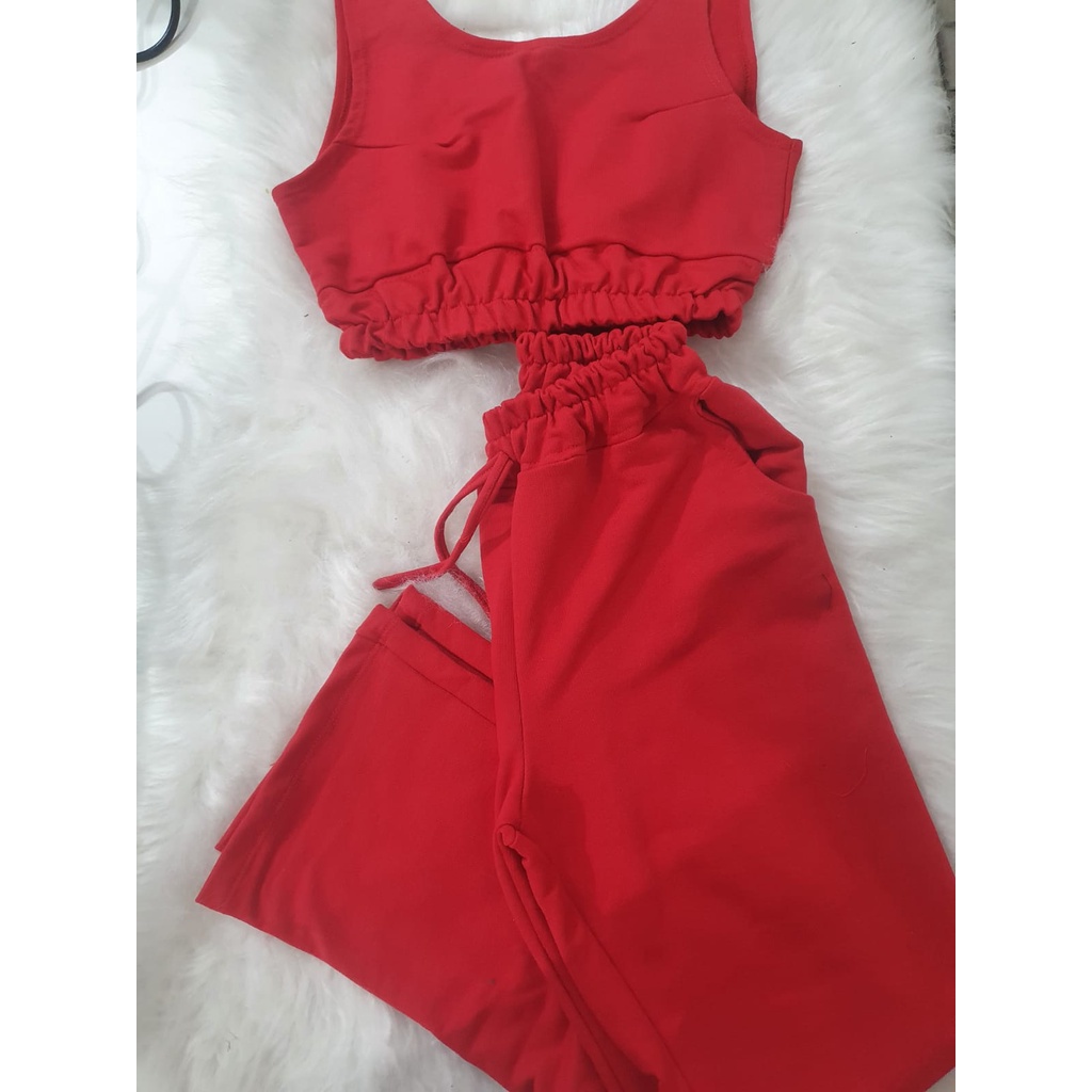 Conjunto Calça Pantalona+cropped top cores Preta/off white/branco/vermelha/neon/etc Promoçao nao perca.